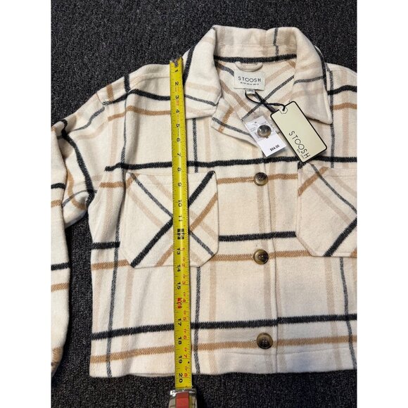 NWT Stoosh Women Medium Boxy Cropped Plaid Shacket Beige Wool Blend 20"x20" Cozy - Picture 8 of 9
